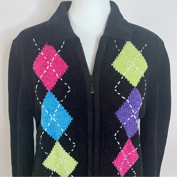 Alfred Dunner Black Argyle Print Chenille Collared Zip Cardigan |Size MP| - Picture 3 of 6